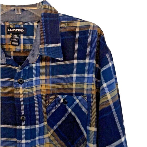 Lands End Rugged Work Shirt Mens Sz 2XL Tradtional Fit Hefty Blue Plaid Pockets - Picture 6 of 15